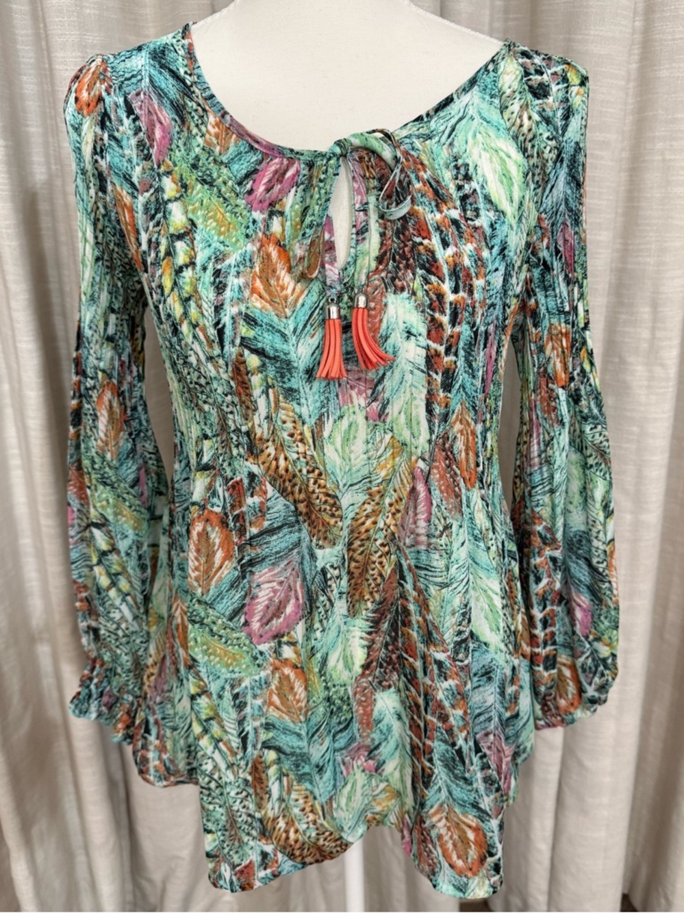 Melissa Paige Mint Multi-Feather Tassel Tie-Neck Tunic